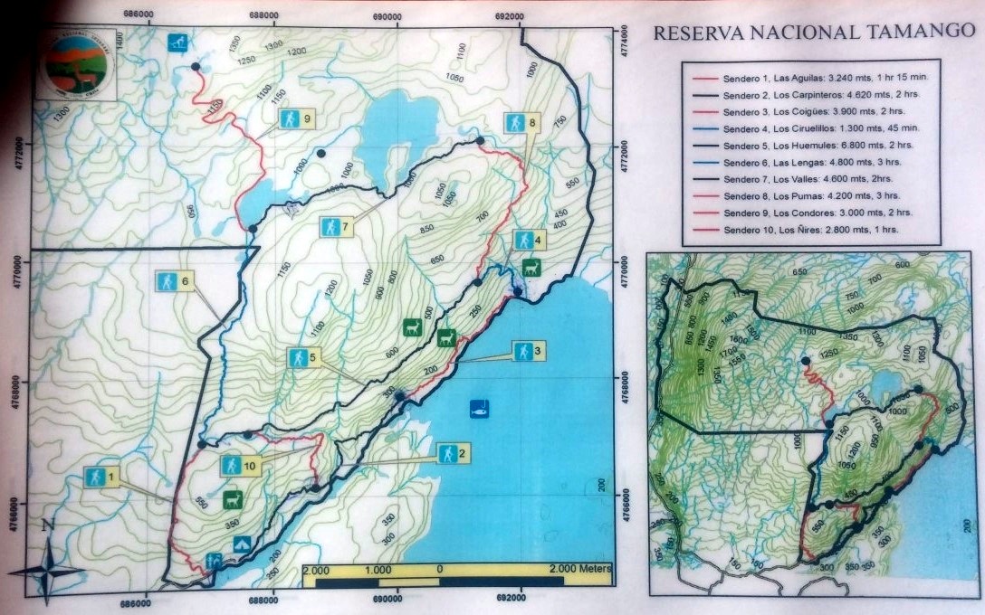 Mapa del parque. Se excluye el sendero hacia Valle Chacabuco, el cual continua desde el sendero 9 (mirador) hacia el norte.